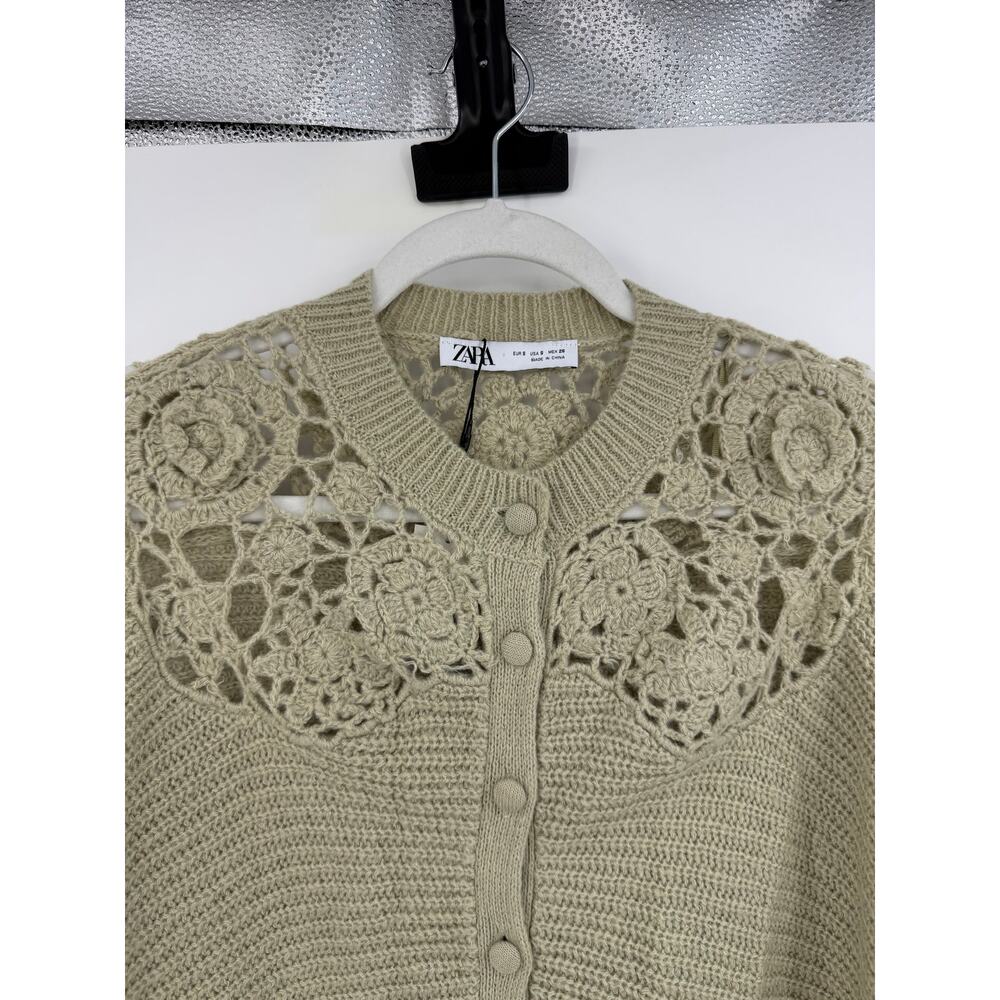 Zara Womens Size S Cardigan Sweater Green Crochet Floral Fairy Boho Wool Blend - Picture 4 of 10